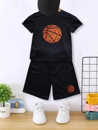 Home Clothing Boys 2-piece Pajama Set Cartoon Basketball Print Crew Neck Short Sleeve T-shirt Matching Shorts Comfy Loungewear