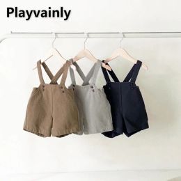 2022 Korean Style New Summer Kid Boy Girl Shorts Khaki Light Grey Blue Sling Pants Loose Trousers Children Retro Overalls E3257