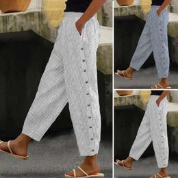 Women's Pants Straight-leg Trousers Loose Straight Leg Striped Print Fit With Side Buttons Pockets For Women Summer