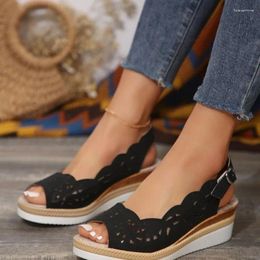 Sandals Wedge On Sale 2024 Summer Women's Peep Toe One Word Buckle Shallow Lady Shoes Lightweight Hollow Platform