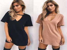 Donne Short Dresses Ladies Sexy Maglietta Sexy Women Mini Abiti Deep V Collar Tshirt a manica corta Solida libera 64312243