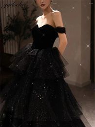 Party Dresses Elegant Sweetheart Neck Off Shoulder Glitter Tiered Tulle Prom Dress Luxury Sweep Train Formal Ball Gown 2024 Evening