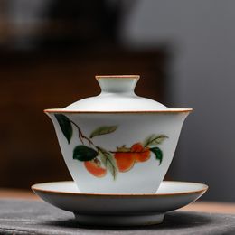 Retro Ru Kiln Ceramic Tea Tureen Bowl Handmade Flower Pattern Teacup Travel Portable Gaiwan Home Tea Set Drinkware