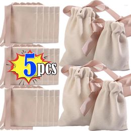 Jewelry Pouches 5pcs Packaging Beige Velvet Ribbon Drawstring Bags Luxury Earrings Rings Necklace Bracelet Storage