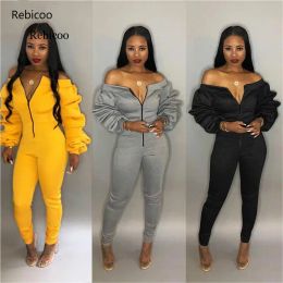 Dresses Women Casual Jumpsuit Zipper Front Slash Neck Off Shoulder Long Puff Sleeve Thick Romper Fashion Overalls Female Jumper