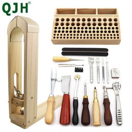 New DIY Leather Craft Tool Set Wood Leathercraft Hand Stitching Clamp Leather Punching Tools Storage Box Carving Saddle Groover