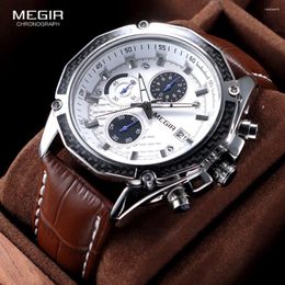 Wristwatches MEGIR Quartz Male Watches Genuine Leather Racing Men Students Game Run Chronograph Watch Glow Hands For Man 2024G