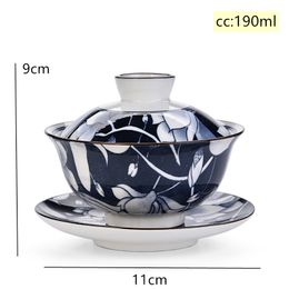 Retro Handmade Blue and White Porcelain Gaiwan Chinese Ceramic Tea Bowl Household Teaware Drinkware Portable Personal Cup 190ml