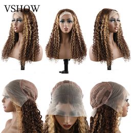 VSHOW Water Wave 13x4 Lace Front Wig For Black Women Brown Highlight Human Hair 4x4 Closure Curly Blonde Wigs Wet and Wavy Wigs