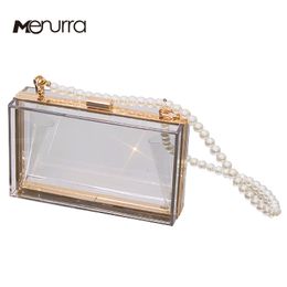 Transparent Acrylic Bags Clear Clutch Purses Box Women Pearl chain Shoulder Bags Clutches Bag Wedding Party Evening Handbag