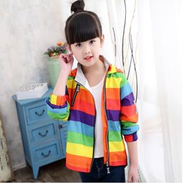 BINIDUCKLING Kids Boys Girls Fleece Coats Rainbow Stripe Autumn Child Jacket Hooded Windbreaker Warm Jacket With Fleece