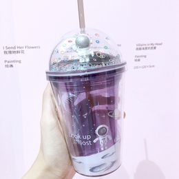 Starry Sky Water Bottle with Lid and Straw, High-Value Plastic Cup for Adults with Ins Style, Net Red Cup for Men and Women