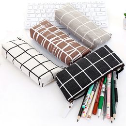 Zipper Pencil Case Bags School Striped Grid Solid Color Pencil Bag Pouch Office Kids Supplies Primary Students Birthday Gift