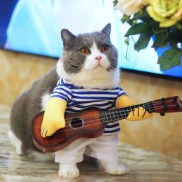 Cat Clothes Christmas Halloween Dog Costume Funny Explosive Head Guitar Player Pet Party Cosplay Special Events Apparel Outfit