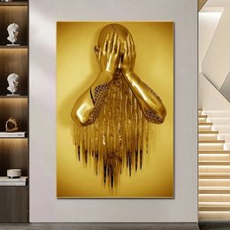 Abstract Luxury Golden Metal Romantic Lovers Sculpture Series Canvas Painting HD Print Wall Pictures Living Room Home Decoration