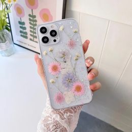 for iPhone 15 14 13 12 11 Pro Max Mini XS XR SE 7 8 6S Plus Case Real Dry Flower Glitter Clear Epoxy Cute Cover Shockproof Shell