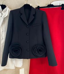 Women's Suits 2024 Autumn/Winter Solid Color 3D Rose Silk Wool Turndown Collar Suit Coat Long Sleeve Cardigan