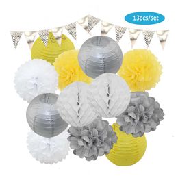 Baby Girl 1st Birthday Party Favour Gold Round Paper Lantern Wedding Anniversary Events Decor DIY Hanging Tissue Pompom Banner