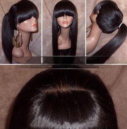 Silky Straight Lace Front Wig with Full Bangs Ponytail Brazilian Virgin Human Hair Full Lace Wigs for Women Natural Color8930642