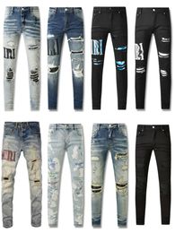 Miri di alta qualità maschile designer di stile cool designer denim pantalone in difficoltà motociclisti strappato jeans viola neri