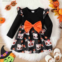 Girl's Dresses Halloween Baby Girl 95% Cotton Long-sleeve Bow Front Spliced Allover Print Dress L47