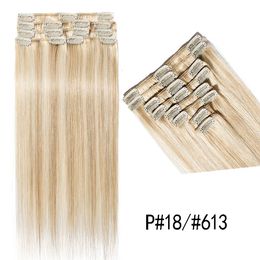 P#18/613 Blonde Clip In Hair Extensions Remy Human Hair Piano Dark Ash Blonde Mixed With Bleach Blonde Color Seamless Hair Extensions Clip in Super Soft Thin 8PCS