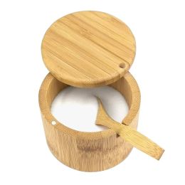 Wooden Round Salt Box Bamboo Spice Jar with Magnetic Swivel Lid Container for Kitchen Storage Containers Salt Box Spice Tool