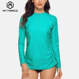 Attraco Swimsuit Swimwear Rash Guard Women Shirts Long Sleeve Rashguard Top Side Bandaged Surf Top Diving Shirt UPF 50+