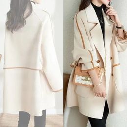 Fashionable Autumn Winter Double-breasted Shoulder-padded Blazer Commute Wool Coat Women Versatile Elegant Lapel Jacket