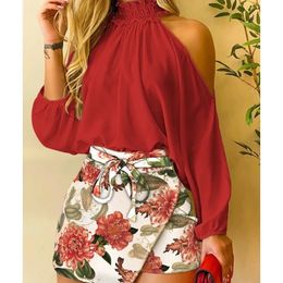 Office Elegant skirt Sets Autumn Sexy Off Shoulder Sleeve Loose Shirts Laceup Mini Shorts Suit Two Piece Set For Women 2023 240412