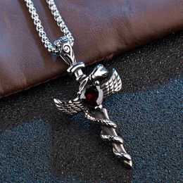 Vintage Angel Blade Wings Cross Pendant for Men Silver Colour Red Zirconia Metal Charm Pendants Male Punk Gothic Jewellery Gifts