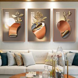 Nordic Golden Flower Luxury 3D Floral Canvas Painting Gold Leaves Posters and Prints Light Shadow Wall Art for Porch Living Room