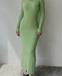 Casual Dresses Women Knitted Ribbed Bodycon Long Dress Autumn Solid Sleeve O-Neck Wrapped Ankle-Length Elegant Ladies Robe