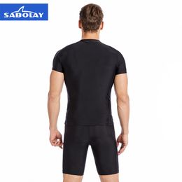 SABOLAY Men Short Sleeve Rashguard Lycra Tight Beach Shirt Trunk Quick Dry Swimsuit Surf Sunscreen UV Rash Guard Diving Suit