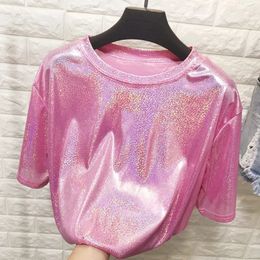 summer retro style stylish bright silk woman tops shiny loose short sleeve t-shirt sexy club aesthetic harajuku women tshirt 240410