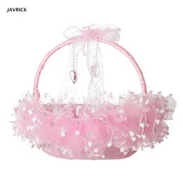 Flower Girl Basket with Handle Small Satin Cloth Baskets with Lace Clear Heart Decor White Pink for Wedding Ceremony