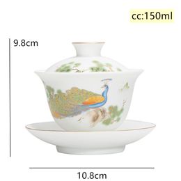 Handmade White Porcelain Gaiwan Exquisite Peacock Pattern Teacup Travel Tea Tureen Chinese Ceramic Teaware Personal Cup 150ml