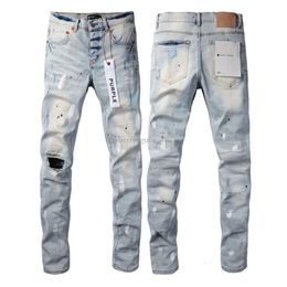 Purple Men's Jeans High Street Blue Broken Hole Denim Pants Distressed Slim Fit Washed Trousers