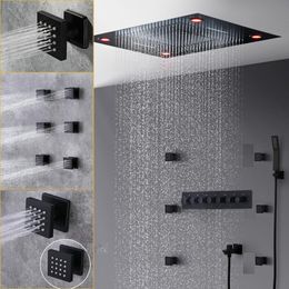 Matt Black Spa Massapge Shower Head Rainfall Waterfall Lateral Jets Thermostatic Valve 6 Functions LED Shower Faucet Mixer Set