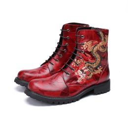 Boots Christia Bella Embroidery Men Shoes Genuine Leather Socks Boots New Fashion Simplicity Round Toe Boots Large Size Lace Up Boots