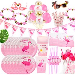 FENGRISE Hawaii Party Luau Pink Flamingo Party Decor Paper Plate Cup Napkin Birthday Party Summer Hawaii Hawaiian Party Supplies