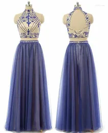 Party Dresses Elegant Halter Blue Beaded Evening A-Line Floor Length Tulle Open Back Pleated Formal Dress For Women