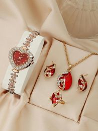 Wristwatches Women's Heart Luxury Full Diamond Bracelet Watch Jewellery Set