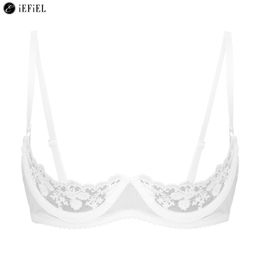 Women's Floral Lace Quarter Cups Underwired Bra Tops Brassiere Unlined Exposed Breast Push Up Shelf Bra Bralette Underwear