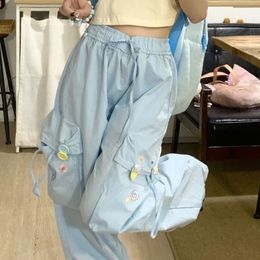 Blue Sweet Japanese Versatile Trend Embroidered Casual Trousers Women Summer High Waist Loose Multi Pocket Wide Leg Cargo Pants 240402