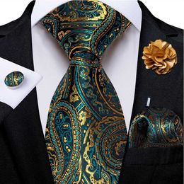 Neck Ties Green and Gold Paisley Mens Silk Tie Brooch Pin Handle Cufflinks Business Wedding Party Set Groom Accessories GiftC240410