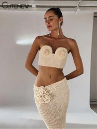 Work Dresses Cute Women's Knitted Hollow Out Sexy Two Piece Set Patchwork Off-shoulder Tube Vest Top Long Maxi Skirt Lady Dress Suit