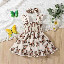 Girl's Dresses Summer-Ready Adorable Butterfly Print Dress Bow Headband Set for Baby Girls L47