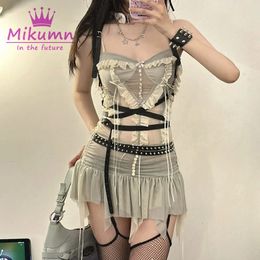 Y2K zweiteilige Outfit ästhetische Fairy Grunge -Mesh unregelmäßiger Kurzrock und Crop Top 2023 Sommer Chic Frauen Matching Sets 240401