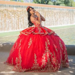 Red Off The Shoulder Quinceanera Dress Gold Lace Applique Sequins Beading Mexican Sweet 16 Vestidos De XV 15 Anos Birthday